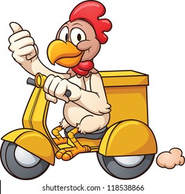 Cartoon chicken on a delivery scooter. Vector clip art illustration with simple gradients. All in a single layer.