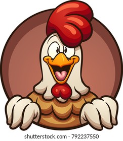 Cartoon chicken peeking out of a round hole. Vector clip art illustration with simple gradients. All in a single layer. 
