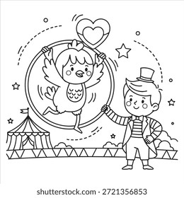 Pollo de dibujos animados que actúa en el anillo de circo con el artista de ringmaster bird