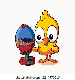 cartoon chicken playing candy machine illustration