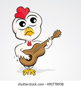 Cartoon chicken playing guitar. Vector illustration of funny chicken cartoon character isolated on white background. 