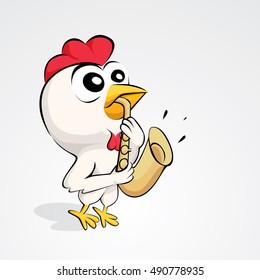 Cartoon chicken playing saxophone. Vector illustration of funny chicken cartoon character isolated on white background. 