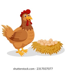 Cartoon Chicken Posing With Eggs. Vector illustration