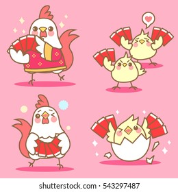 cartoon chicken with red envelopes for chinese new year
