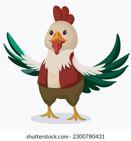 A cartoon chicken with a red vest and brown pants on white background.