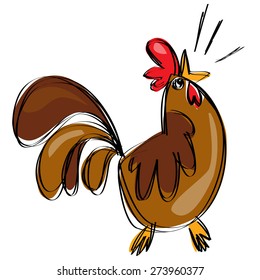 Cartoon chicken rooster bird in a naif doodle childish drawing isolated in white background