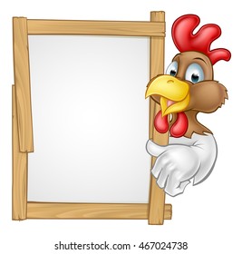 A cartoon chicken rooster character pointing at a sign or giving a thumps up towards it