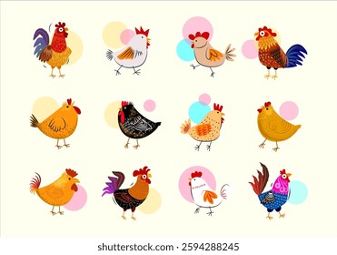 Cartoon chicken, rooster, hen set collection vector illustration. Domestic animal poultry farm character isolated on white background.