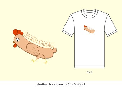 Ilustração de salsicha de frango de desenho animado em design vetorial, com t-shirt mockup. EPS 10