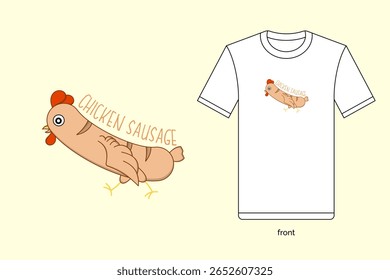 Ilustração de salsicha de frango de desenho animado em design vetorial, com t-shirt mockup. EPS 10