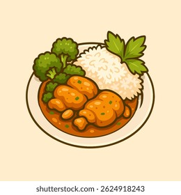 Frango de desenho animado é servido com arroz, brócolis e salsa em um prato para almoço ou jantar.