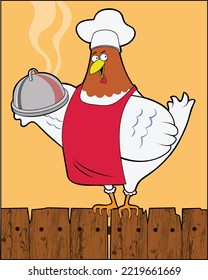 A cartoon chicken serves dinner.