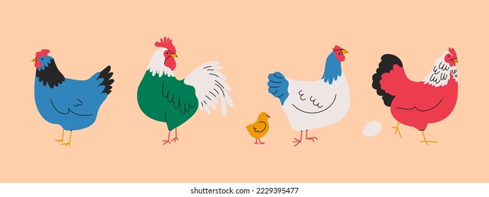 Juego de pollo de caricatura. Huevo de gallina casera, animales de corral de granja concepto de comida ecológica orgánica. Colección aislada de vectores