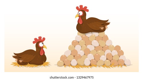 Cartoon chicken sits on top of a huge pile of eggs while looking down on a less successful chicken