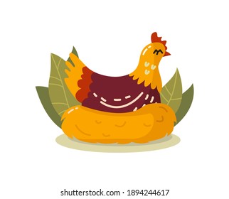 Cartoon chicken sitting on the nest, isolated on white background. Vector illustration.