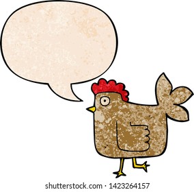 cartoon chicken with speech bubble in retro texture style