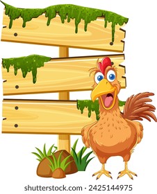 Cartoon chicken standing by a mossy wooden sign.