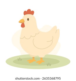 Cartoon chicken stands on green grass with calm look, chicken fits farm visuals and rural life scenes, chicken perfect for kids books, poultry content, and educational use.