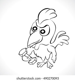 Cartoon chicken taking dumbbell. Vector illustration of funny chicken cartoon character isolated on white background for coloring book. 