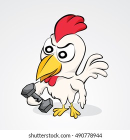 Cartoon chicken taking dumbbell. Vector illustration of funny chicken cartoon character isolated on white background. 