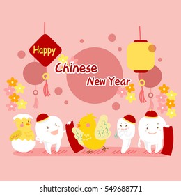 cartoon chicken and teeth with red couplet for happy chinese new year