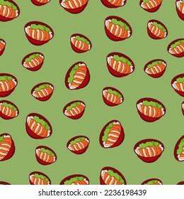 cartoon chicken teriyaki, japanese food seamless pattern on colorful background