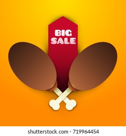 Cartoon chicken thigh with red ribbon in paper cut  trendy craft style. Modern design for advertising, branding greeting card, cover, poster, banner. Vector illustration.