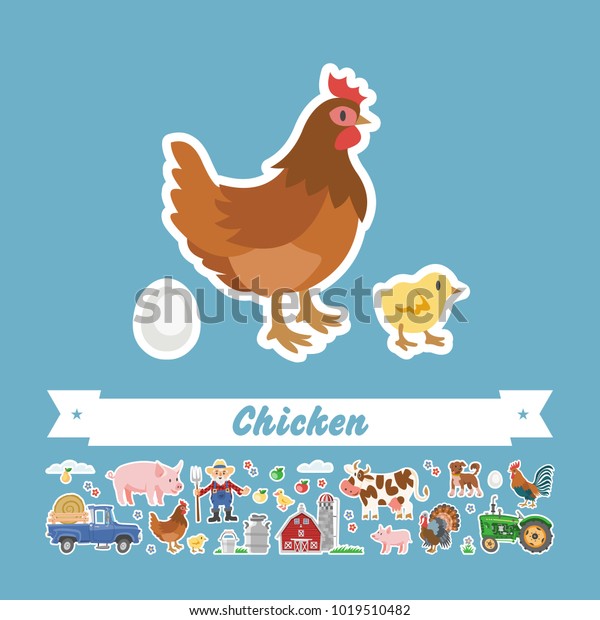 Cartoon chicken\
vector flat illustration. Character isolated hen, chick and egg.\
Farming collection comic\
stickers.