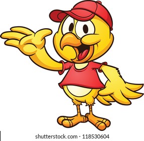 Cartoon chicken wearing a baseball cap. Vector clip art illustration with simple gradients.