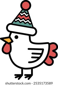 A cartoon chicken wearing a hat and a red and green striped vest. The hat is decorated with a red and green ribbon