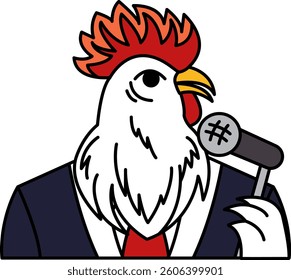 A cartoon chicken is wearing a suit and tie and holding a microphone. The chicken has a red comb and is wearing a microphone