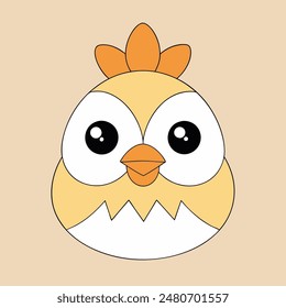 A cartoon chicken with a yellow beak and orange feathers. The chicken has a cute and innocent expression