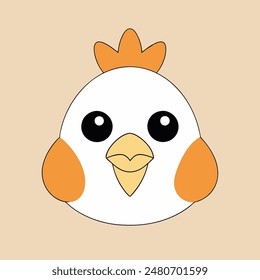 A cartoon chicken with a yellow beak and orange feathers. The chicken has a cute and innocent expression