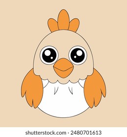 A cartoon chicken with a yellow beak and orange feathers. The chicken has a cute and innocent expression
