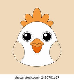 A cartoon chicken with a yellow beak and orange feathers. The chicken has a cute and innocent expression