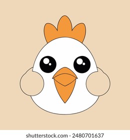 A cartoon chicken with a yellow beak and orange feathers. The chicken has a cute and innocent expression