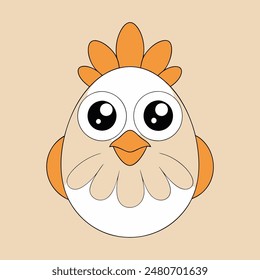 A cartoon chicken with a yellow beak and orange feathers. The chicken has a cute and innocent expression