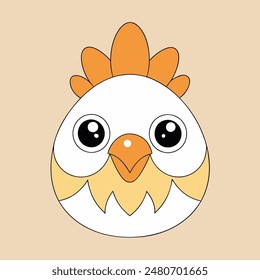 A cartoon chicken with a yellow beak and orange feathers. The chicken has a cute and innocent expression