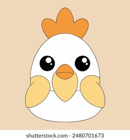 A cartoon chicken with a yellow beak and orange feathers. The chicken has a cute and innocent expression
