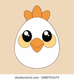 A cartoon chicken with a yellow beak and orange feathers. The chicken has a cute and innocent expression