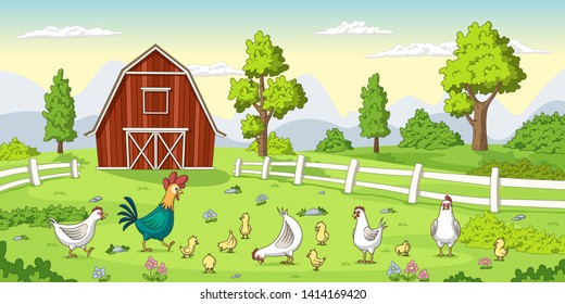 Cartoon chickens on a farm. Summer Landscape with red house and fence. 