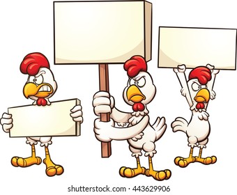 Cartoon chickens protesting. Vector clip art illustration with simple gradients. Each on a separate layer.