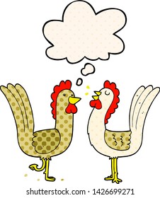 cartoon chickens with thought bubble in comic book style