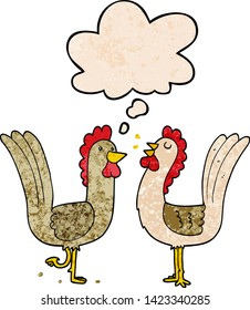 cartoon chickens with thought bubble in grunge texture style