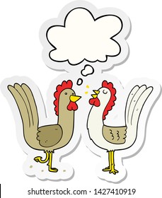 cartoon chickens with thought bubble as a printed sticker