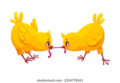 Cartoon chicks funny characters fighting for worm. Spring newborn hen baby cute personage, Easter holiday little chickens animal or farm two chicks cheerful cartoon isolated vector funny characters