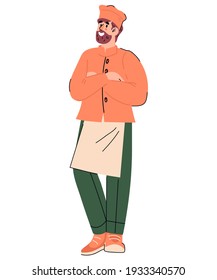 Cartoon chief cook in uniform and hat standing smiling, flat vector illustration isolated on white background. Friendly smiling cook or kitchener male character.