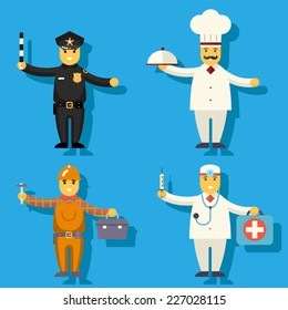 Cartoon Chief Cook Worker Repairer Police Officer Doctor Medic Character Symbol Icon Flat Design Vector Illustration