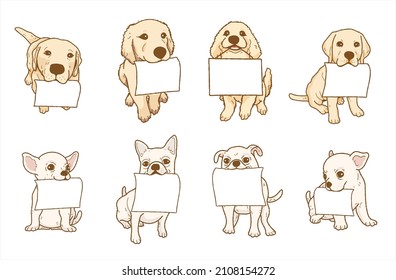 Cartoon chihuahua dog ,golden retrieverdog with blank paper. Dog above banner or sign. illustration