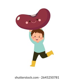 Criança de desenhos animados carregando feijão gigante bonito. Comida saudável para crianças